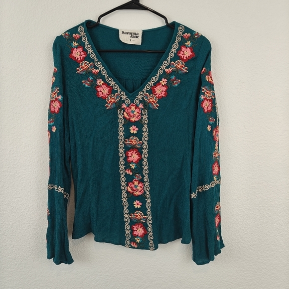 Savanna Jane Turquoise Floral Embroidered Long Sleeve V Neck Blouse Small - Picture 1 of 9
